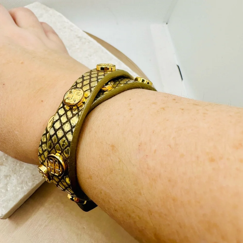 EUC Tory Burch Miller Stud Double Wrap Metallic Gold Exotic Snakeskin Bracelet